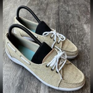 Keds Sport Boat Shoes Womens Sz 8 Tan Gold Shimmer Canvas Slip On Flats